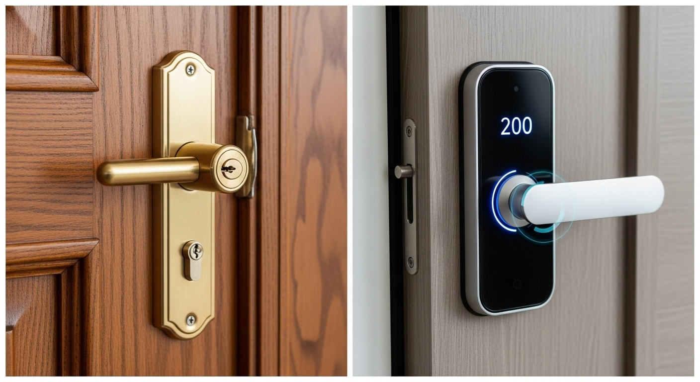 Pilihan kunci rumah: Kunci mekanis tradisional vs smart lock inovatif dengan tampilan digital untuk keamanan 2025.
